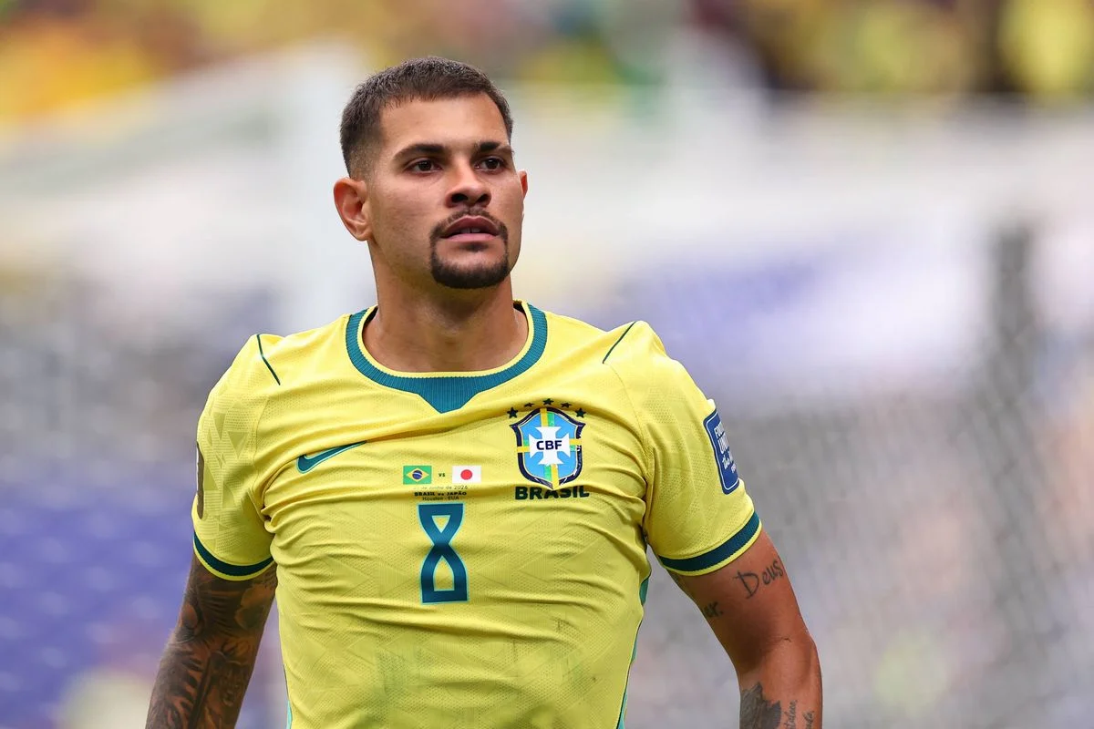 HOUSTON, TEXAS - JUNE 29: Bruno Guimaraes of Brazil during the FIFA World Cup 2026 Round Of 32 match between Brazil and Japan at Houston Stadium on June 29, 2026 in Houston, Texas. (Photo by Robbie Jay Barratt - AMA/Getty Images)