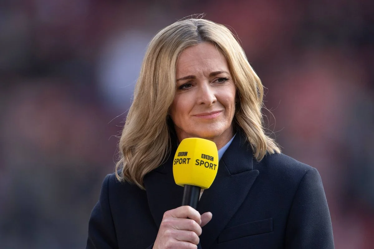 BBC Sport presenter Gabby Logan during the Vitality Women's FA Cup Semi Final between Manchester United and Brighton & Hove Albion at Leigh Sports Village on April 15, 2023 in Leigh, England. 